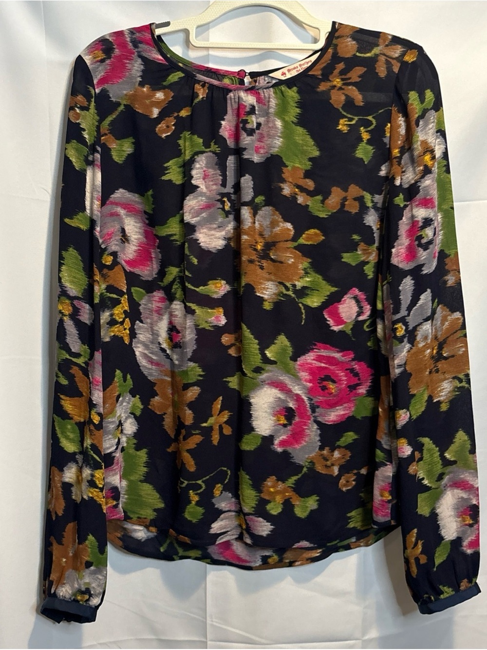 Brooks Brothers Navy Blue Floral Blouse with Pink, Green & Brown Accents